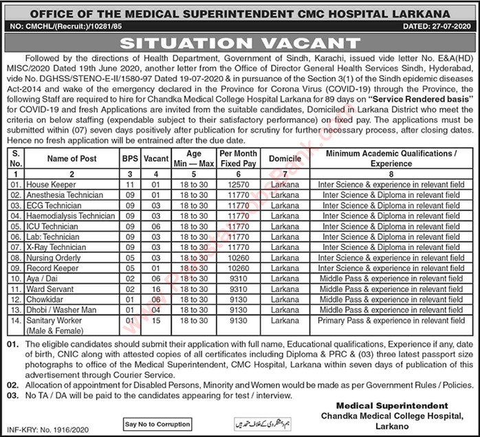 CMC Hospital Larkana Jobs August 2020 Medical Technicians, Ward Servants & Others Latest