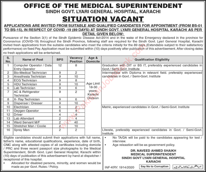 Lyari General Hospital Karachi Jobs August 2020 Medical Technicians, Ward Servants & Others Latest