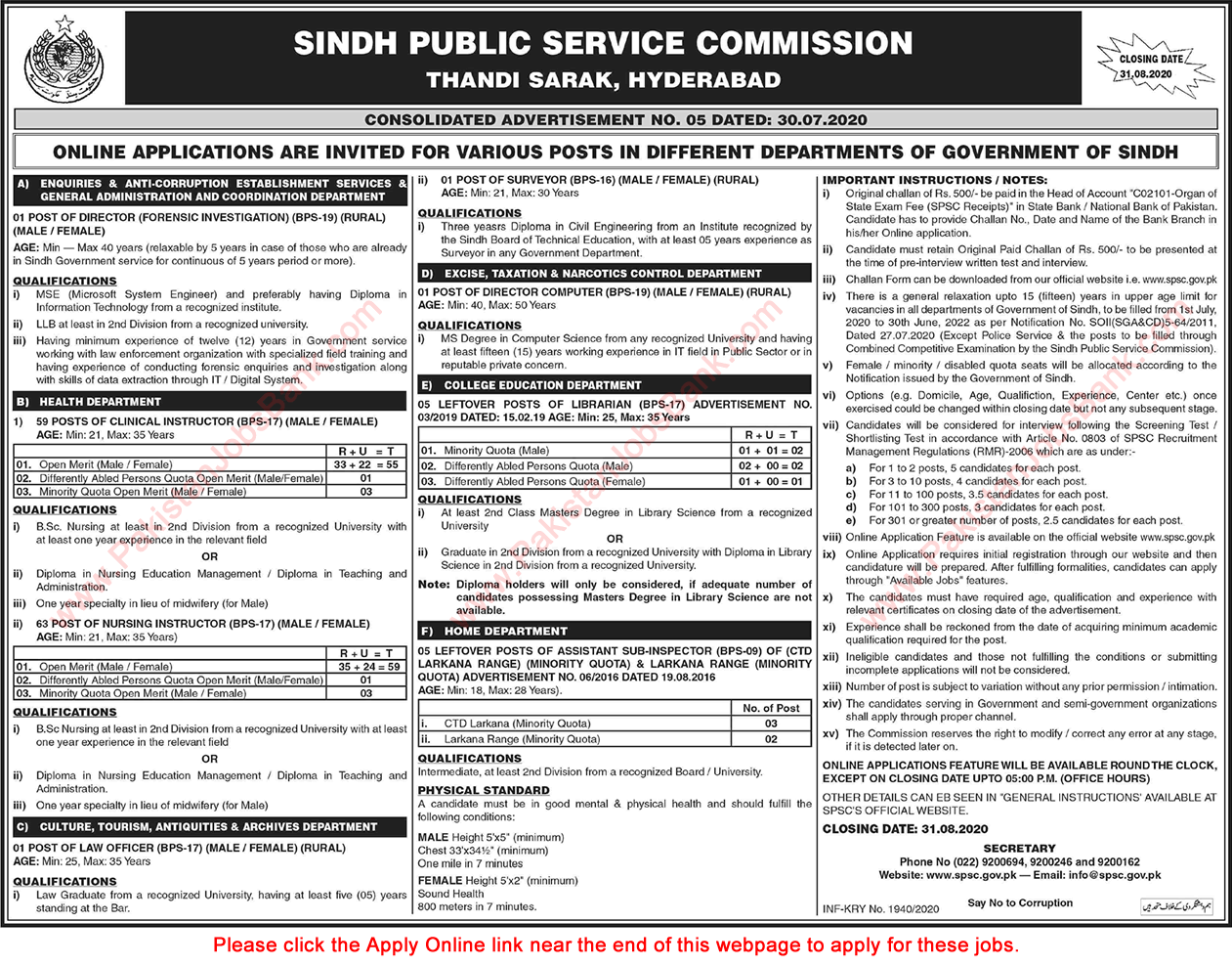 SPSC Jobs August 2020 Apply Online Consolidated Advertisement No 05/2020 Latest