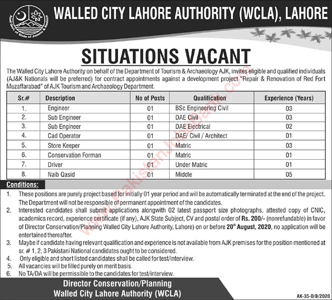 Walled City Lahore Authority Jobs 2020 August Sub Engineers & Others WCLA Latest