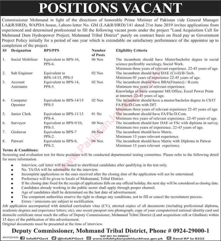 Deputy Commissioner Office Mohmand Jobs 2020 August Surveyors, Social Mobilizers & Others Latest