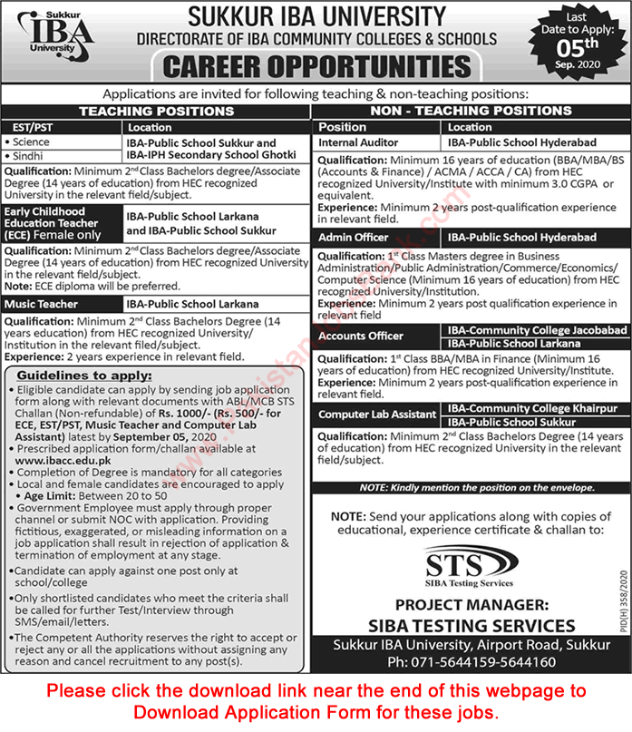 Directorate of IBA Community Colleges and Schools Jobs August 2020 Application Form Teachers & Others Latest