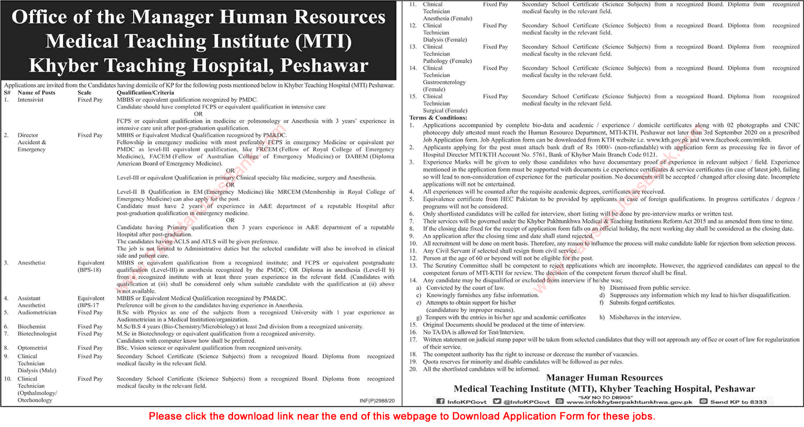 Khyber Teaching Hospital Peshawar Jobs August 2020 MTI KTH Peshawar Application Form Latest