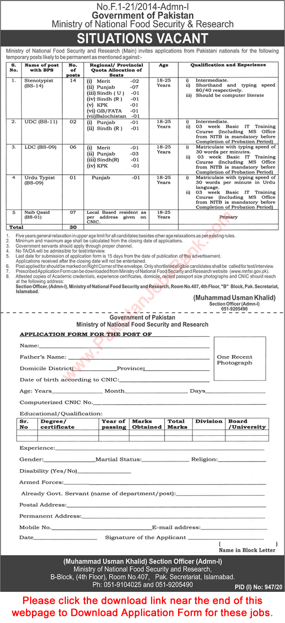 Ministry of National Food Security and Research Jobs August 2020 MNFSR Application Form Download Latest
