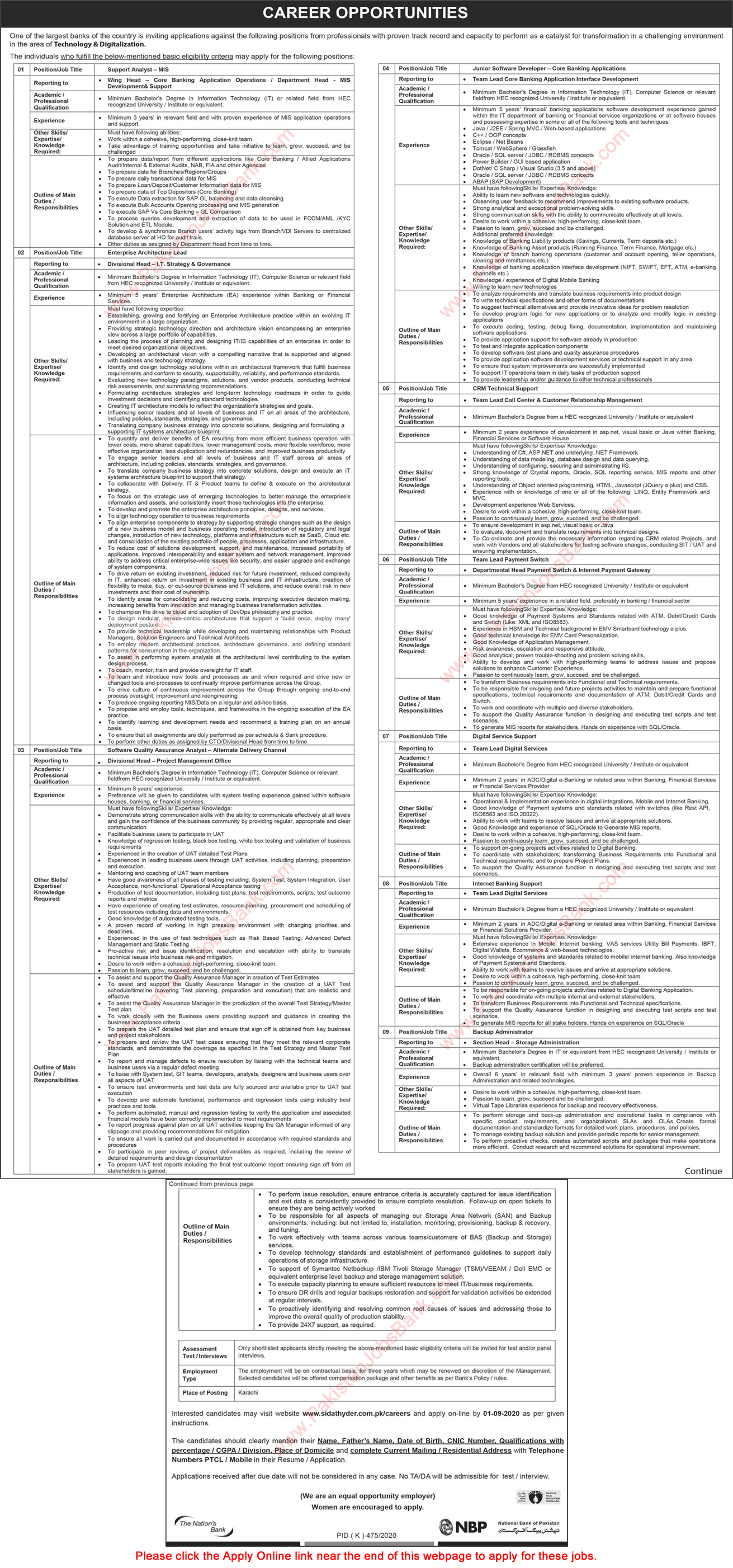 NBP Jobs August 2020 Apply Online National Bank of Pakistan Latest Advertisement