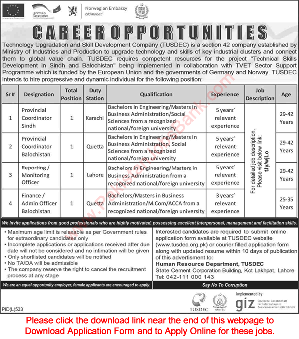 TUSDEC Jobs 2020 August Apply Online Technology Upgradation and Skill Development Company Latest