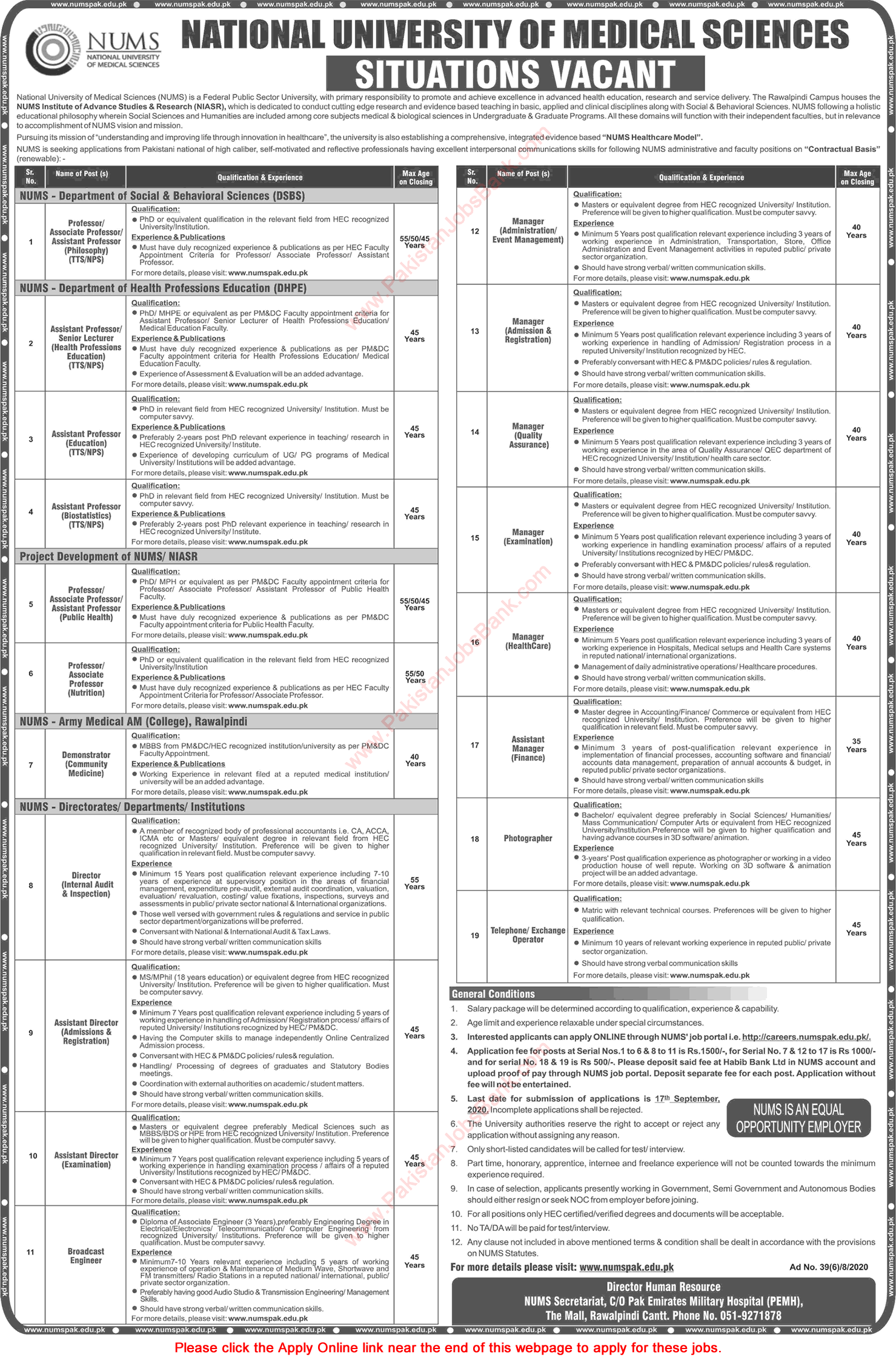 NUMS University Rawalpindi Jobs August 2020 September Apply Online Teaching Faculty & Others Latest