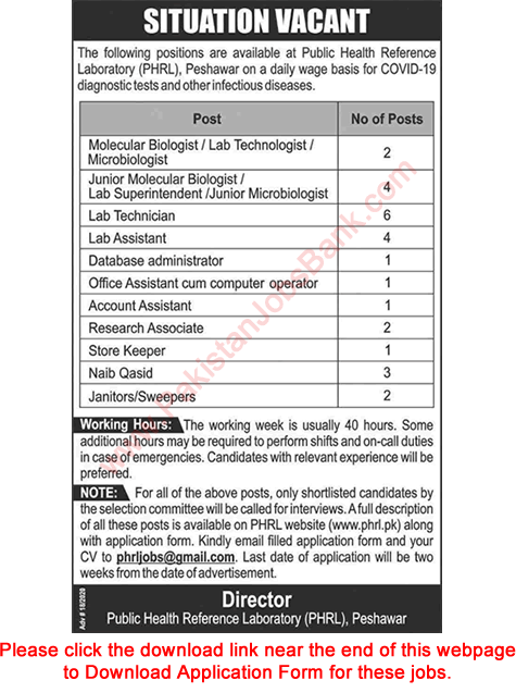 Public Health Reference Laboratory Peshawar Jobs 2020 September PHRL Application Form Lab Technicians & Others Latest