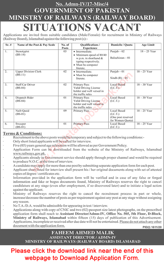 Ministry of Railways Jobs September 2020 Islamabad Application Form Stenotypists, Naib Qasid & Others Latest