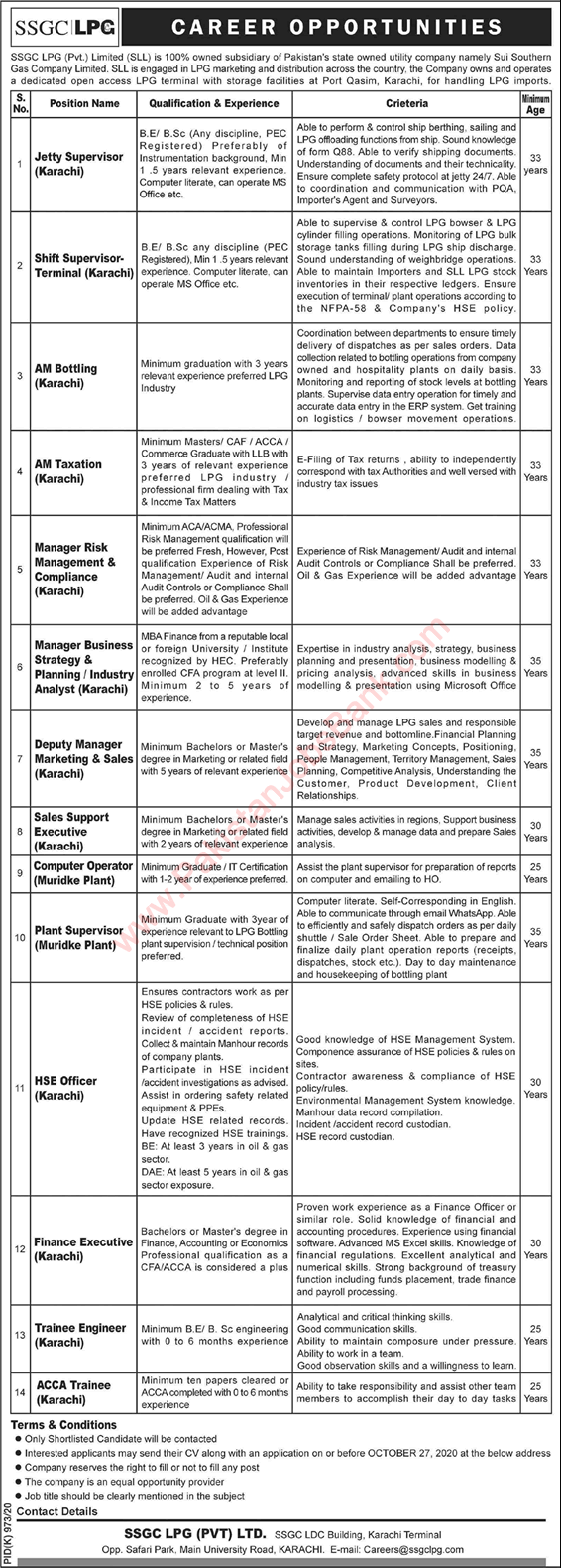 SSGC Jobs October 2020 Trainee Engineers & Others Sui Sourthern Gas Company Limited LPG Latest