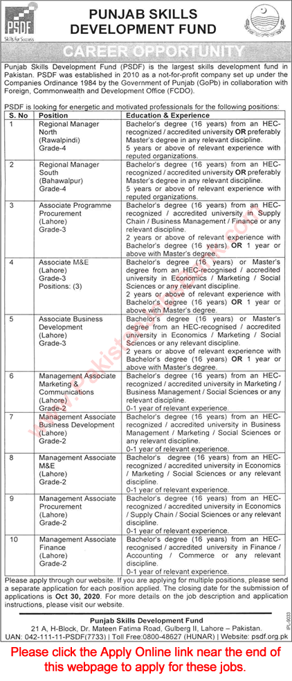 PSDF Jobs October 2020 Apply Online Management Associates & Others Punjab Skills Development Fund Latest