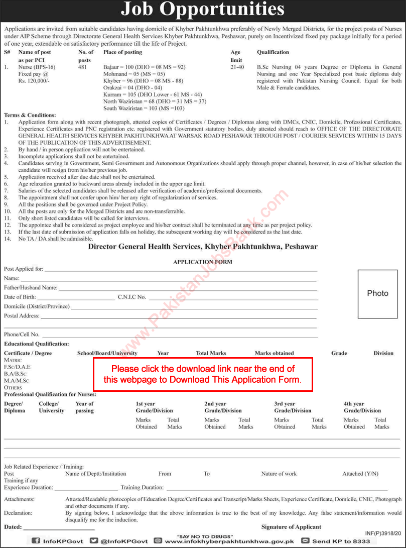 Nurse Jobs in Directorate General Health Services KPK October 2020 Application Form DGHS Latest
