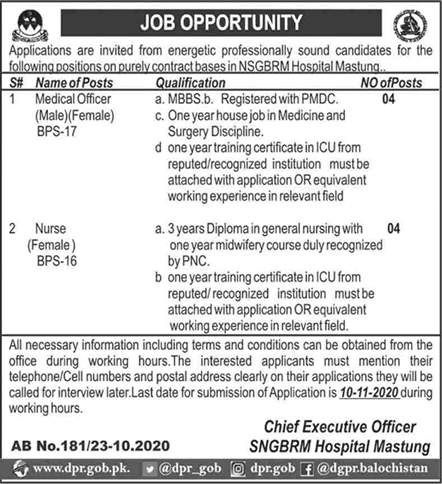 Nawab Shaheed Ghous Bakhsh Raisani Memorial Hospital Mastung Jobs 2020 October Medical Officers & Nurses SNGBRM Latest