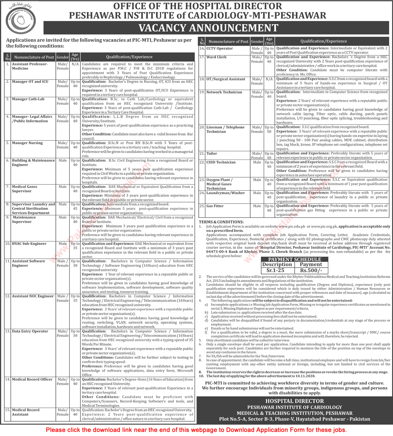 Peshawar Institute of Cardiology Jobs October 2020 MTI Application Form Download PIC Latest