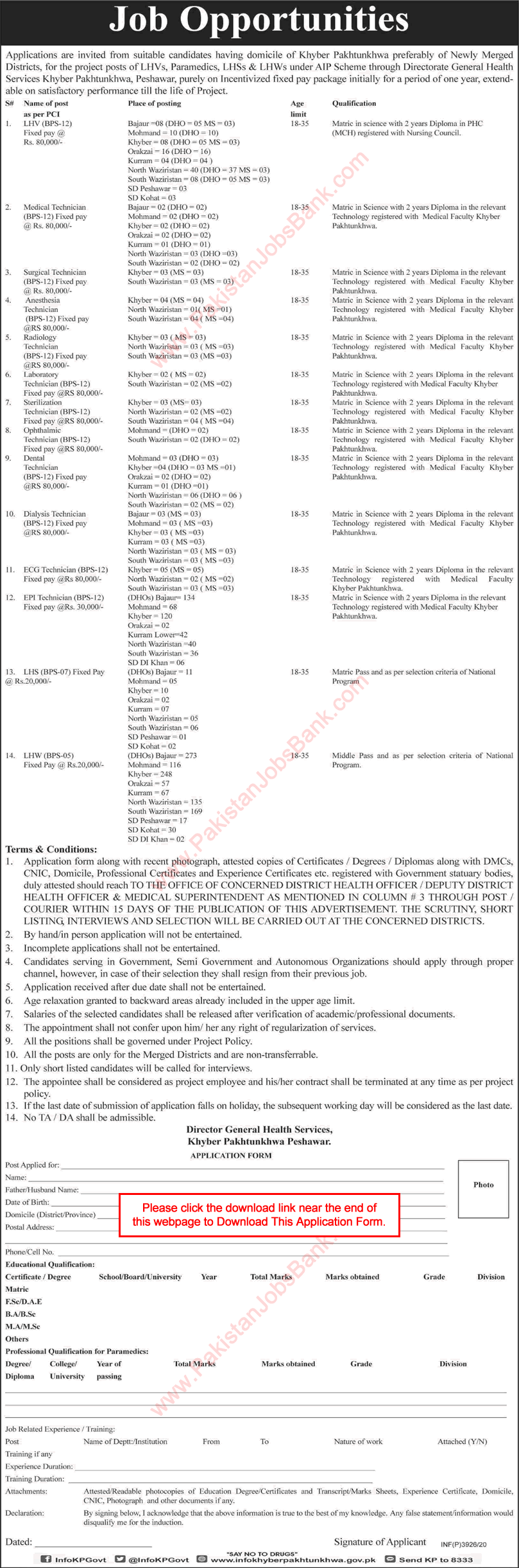 Directorate General Health Services KPK Jobs October 2020 Application Form DGHS Lady Health Workers / Visitors & Technicians Latest