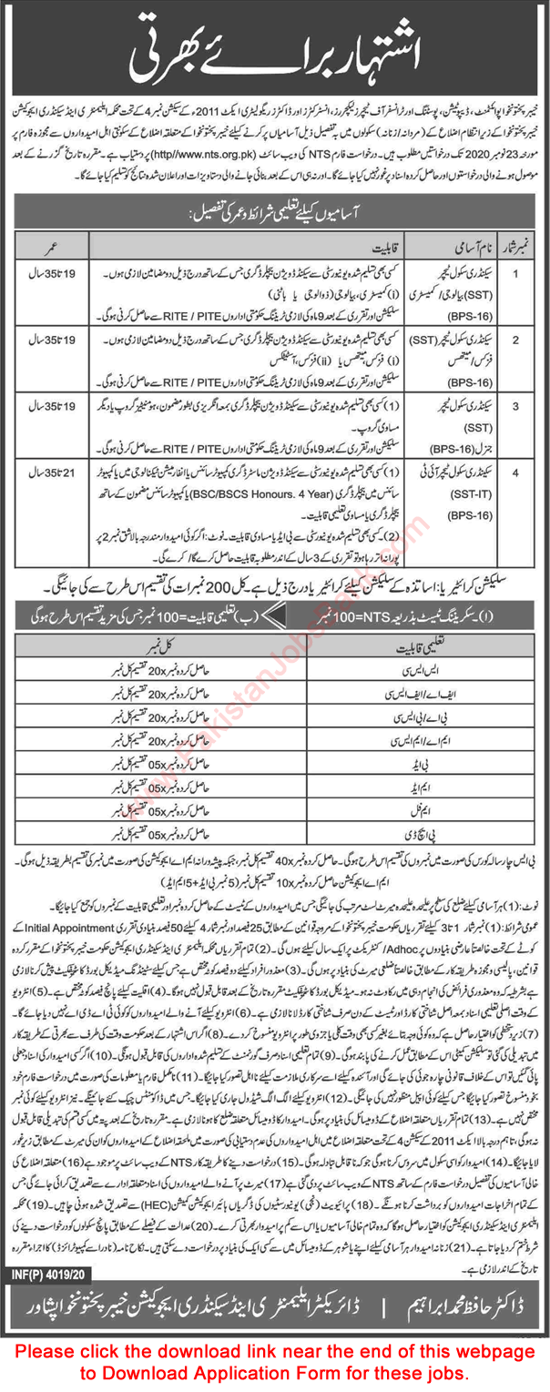 Secondary School Teacher (SST) Jobs in Elementary and Secondary Education Department KPK 2020 October NTS Application Form Latest Advertisement