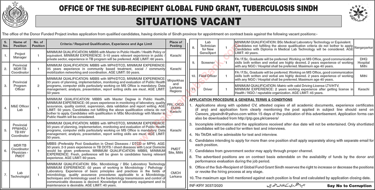 Provincial TB Control Program Sindh Jobs November 2020 PTP Latest