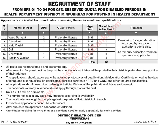 Health Department Mirpurkhas Jobs 2020 November Sanitary Workers, Chowkidar & Others Latest