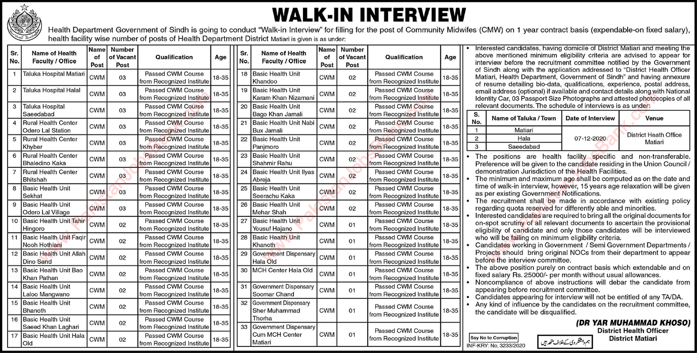 Community Midwife Jobs in Health Department Matiari 2020 November Sindh Walk in Interview Latest