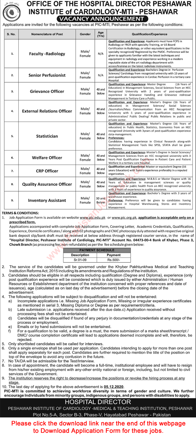 Peshawar Institute of Cardiology Jobs November 2020 MTI Application Form Download PIC Latest
