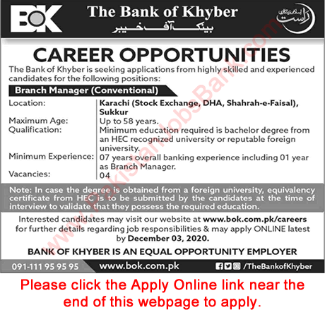 Branch Manager Jobs in Bank of Khyber November 2020 Sindh Apply Online BOK Latest