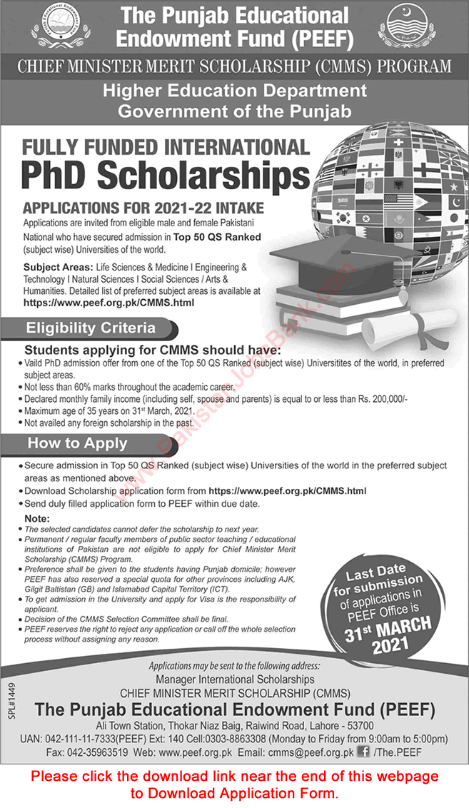Chief Minister Merit Scholarships November 2020 December PEEF Application Form International PhD Scholarships Latest
