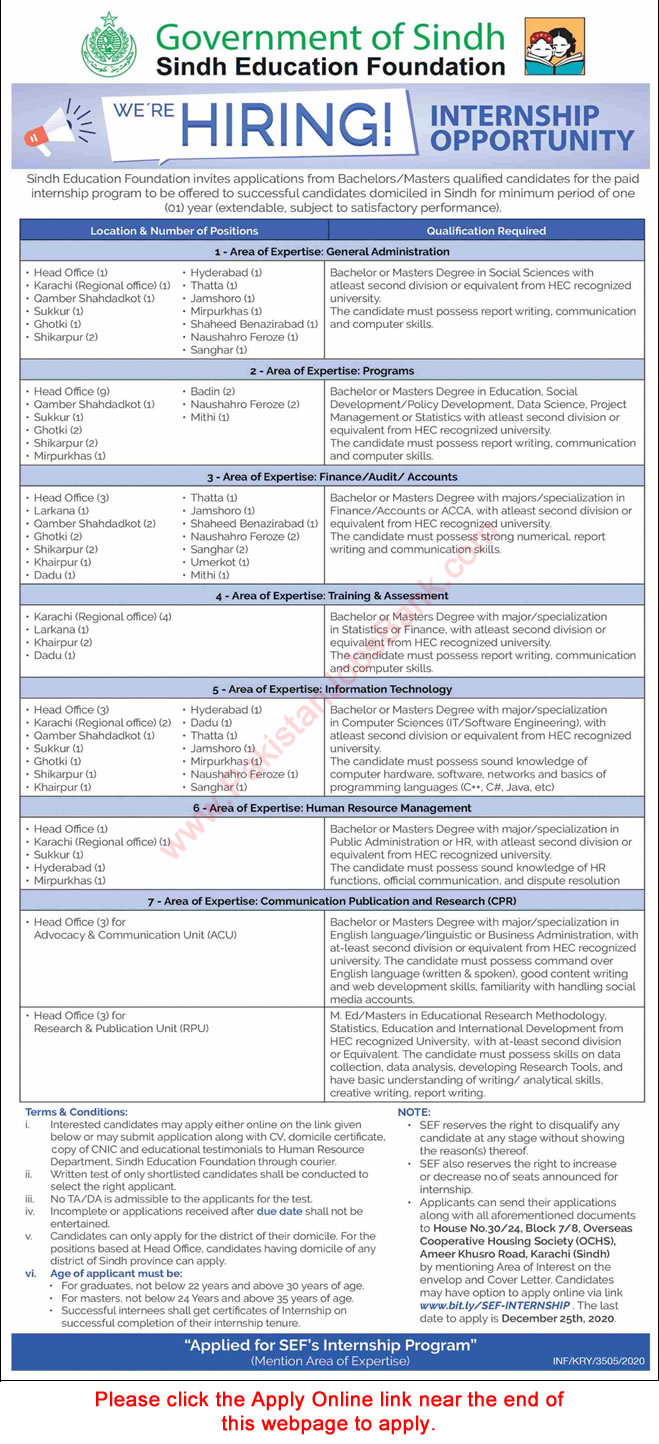 Sindh Education Foundation Internship Program 2020 December Apply Online SEF Latest