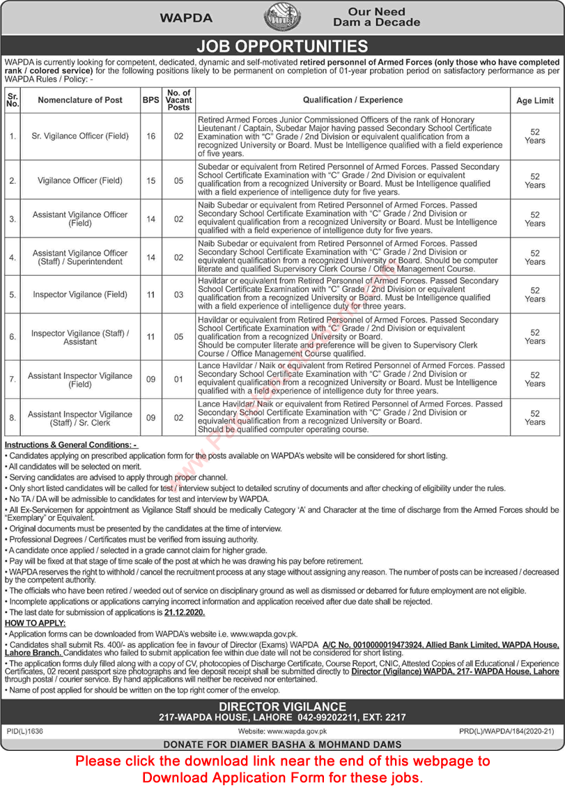 Vigilance Officers / Inspectors Jobs in WAPDA December 2020 Application Form Latest