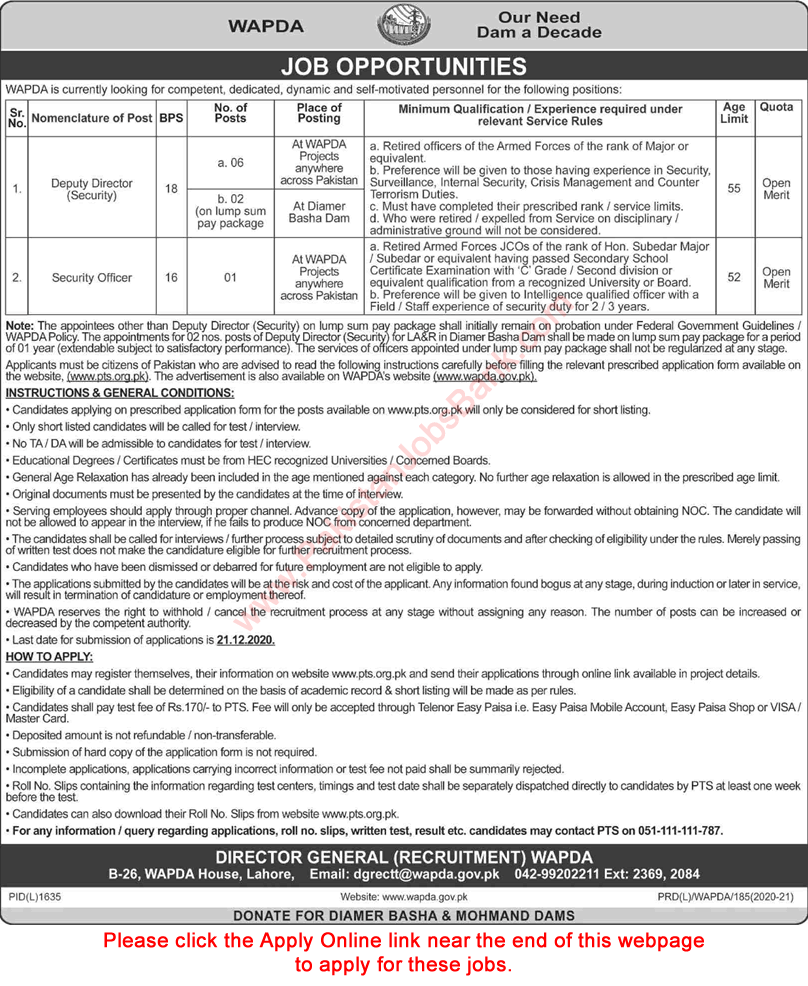 WAPDA Jobs December 2020 PTS Online Apply Deputy Directors & Security Officer Latest