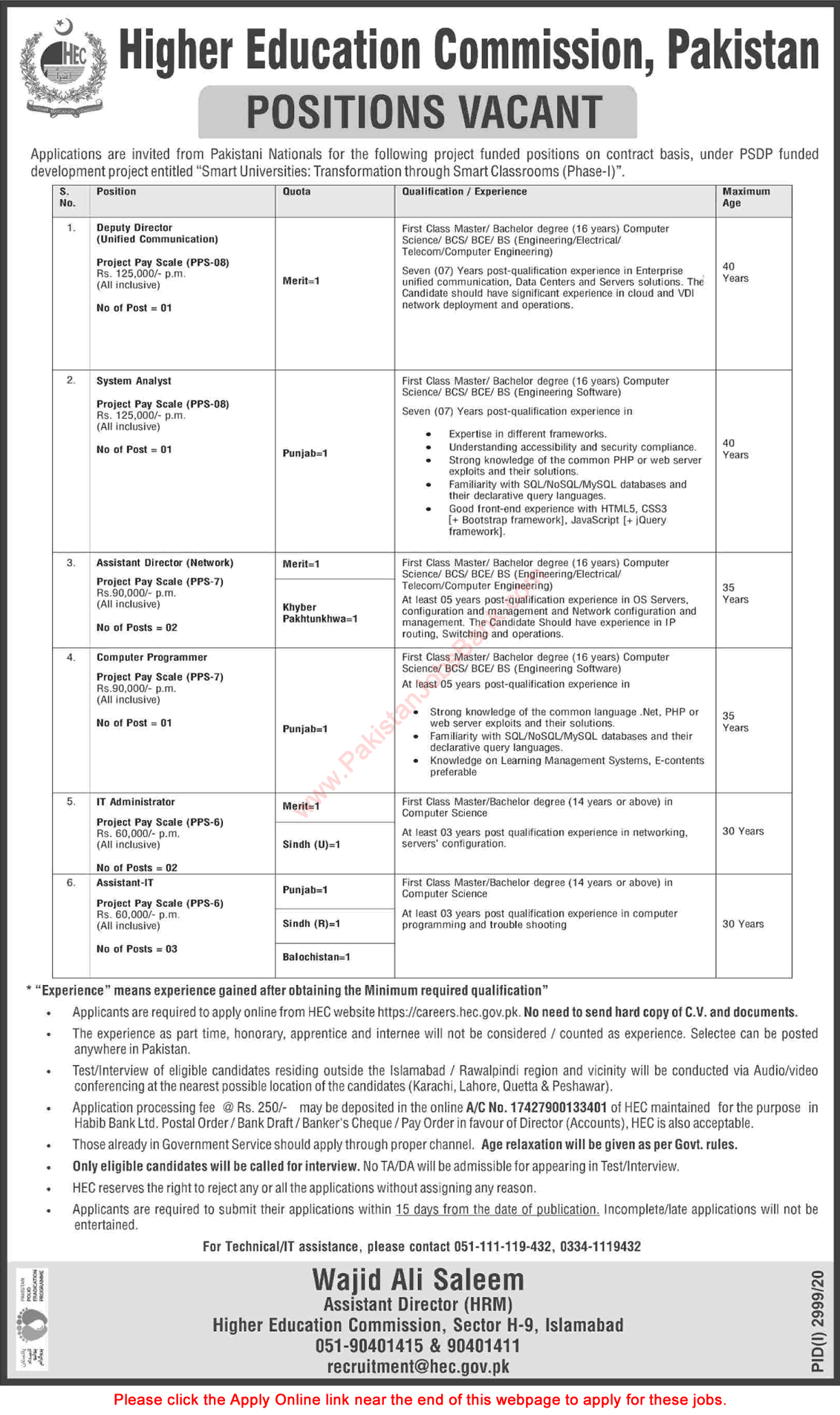 HEC Jobs December 2020 Apply Online Higher Education Commission Latest