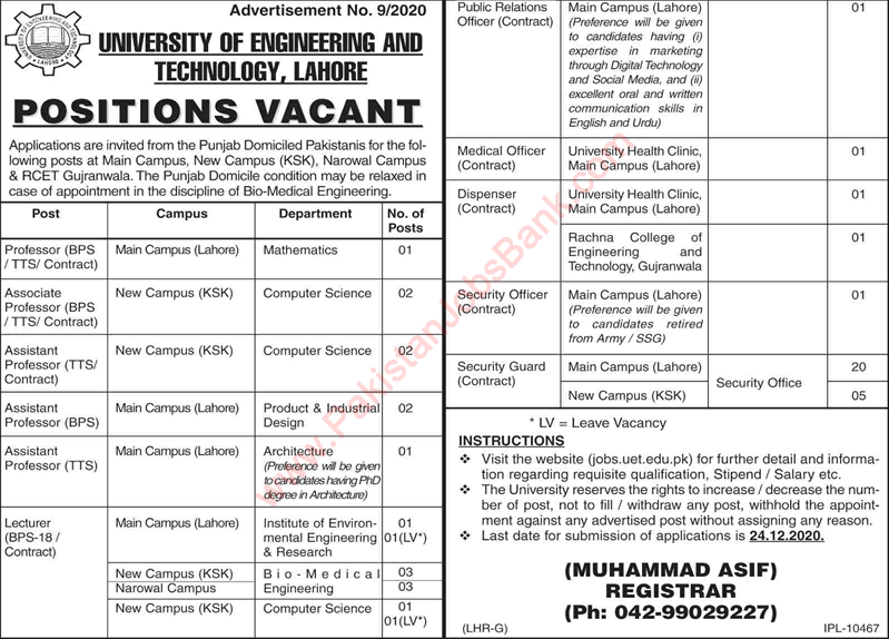 UET Lahore Jobs December 2020 Teaching Faculty, Security Guards & Others Latest