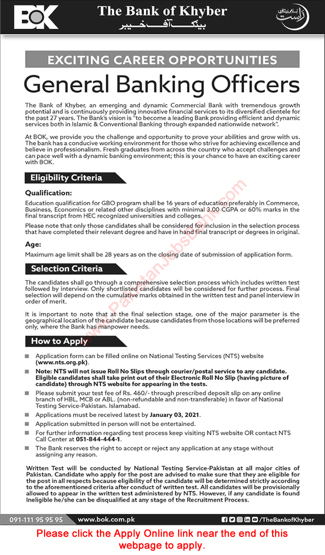 General Banking Officer Jobs in Bank of Khyber December 2020 NTS Apply Online BOK Latest