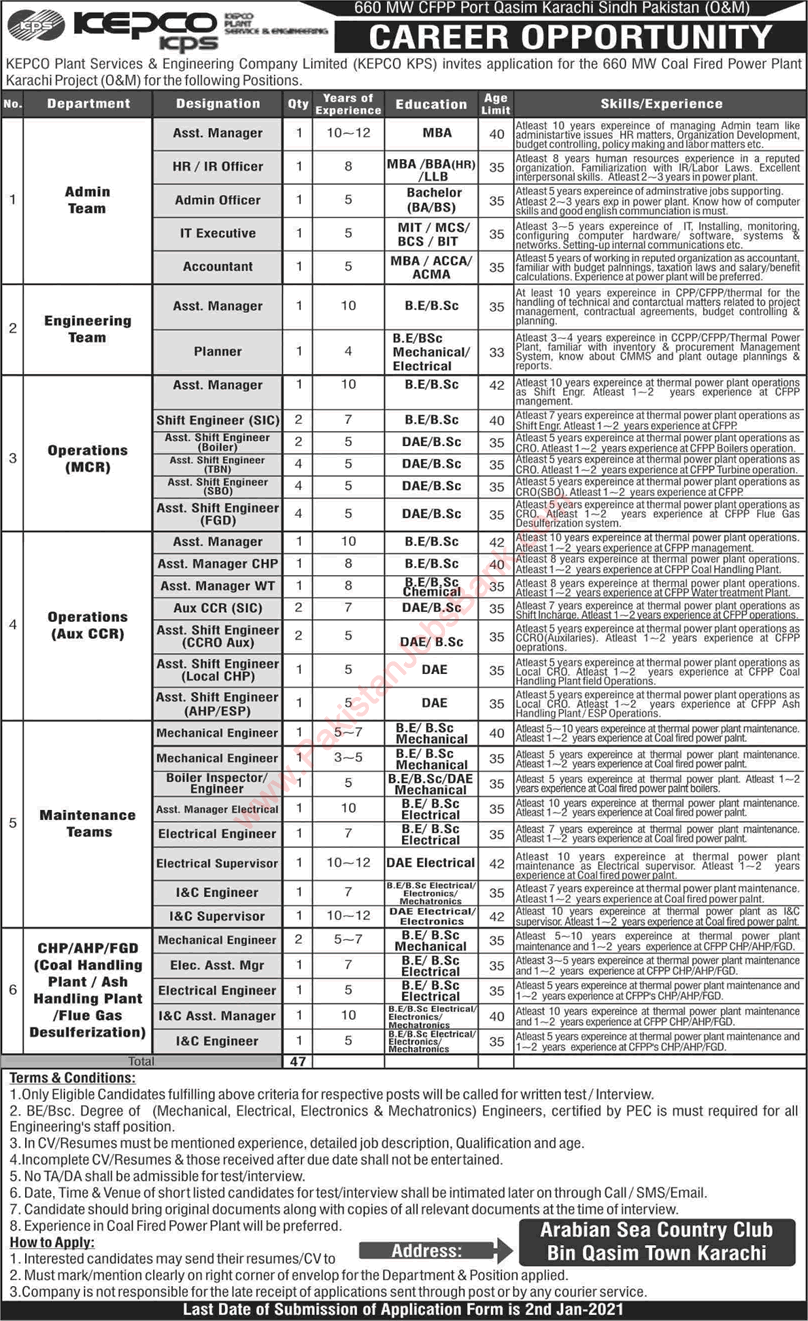 KEPCO Plant Service and Engineering Karachi Jobs 2020 December KPS Assistant Managers, Shift Engineers & Others Latest