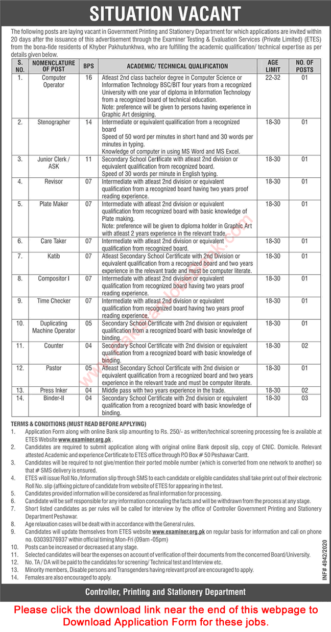 Printing and Stationery Department KPK Jobs 2020 December ETES Application Form Binders & Others Latest