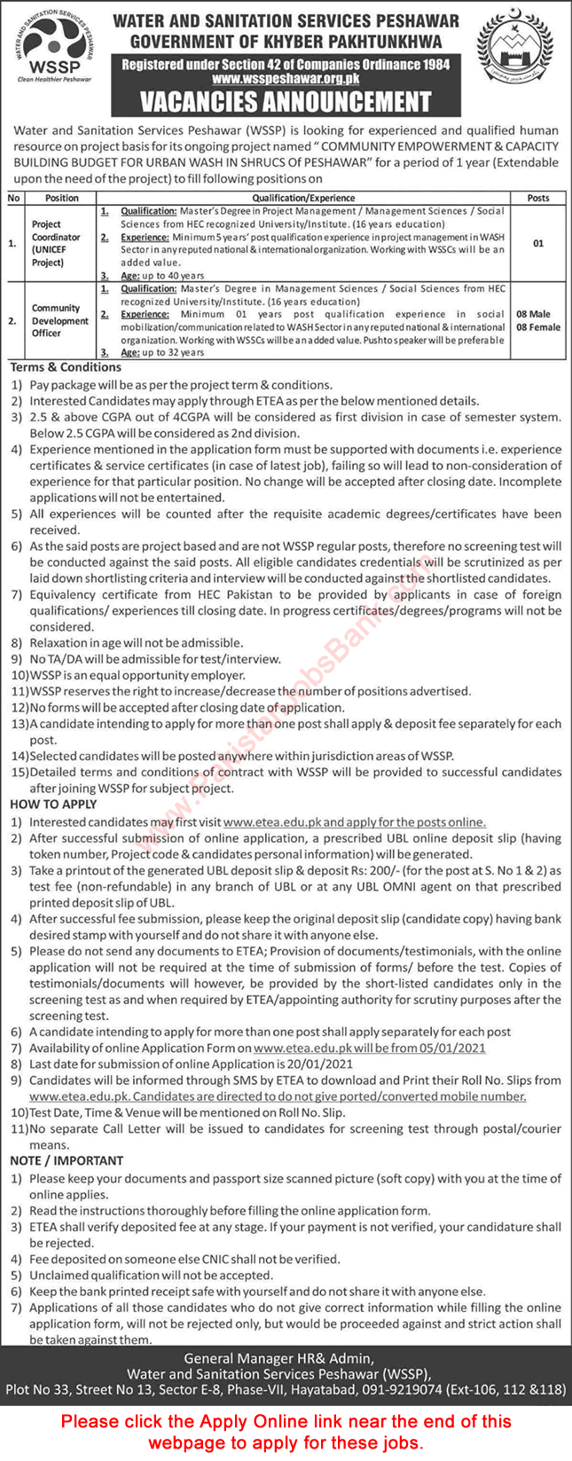 Water and Sanitation Services Peshawar Jobs December 2020 ETEA Apply Online WSSP Latest