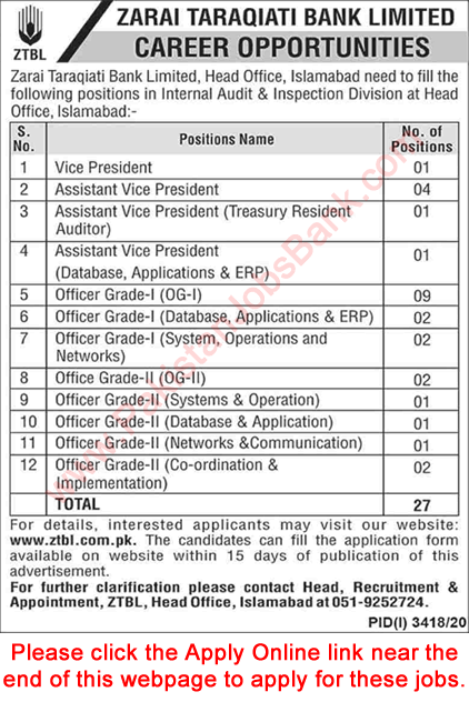 ZTBL Jobs 2021 Apply Online Officer Grade-I/II & Assistant Vice Presidents Zarai Taraqiati Bank Limited Latest