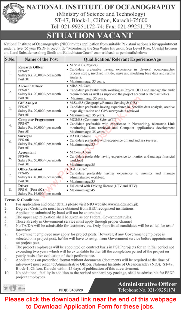 National Institute of Oceanography Karachi Jobs 2021 Application Form Drivers & Others Latest