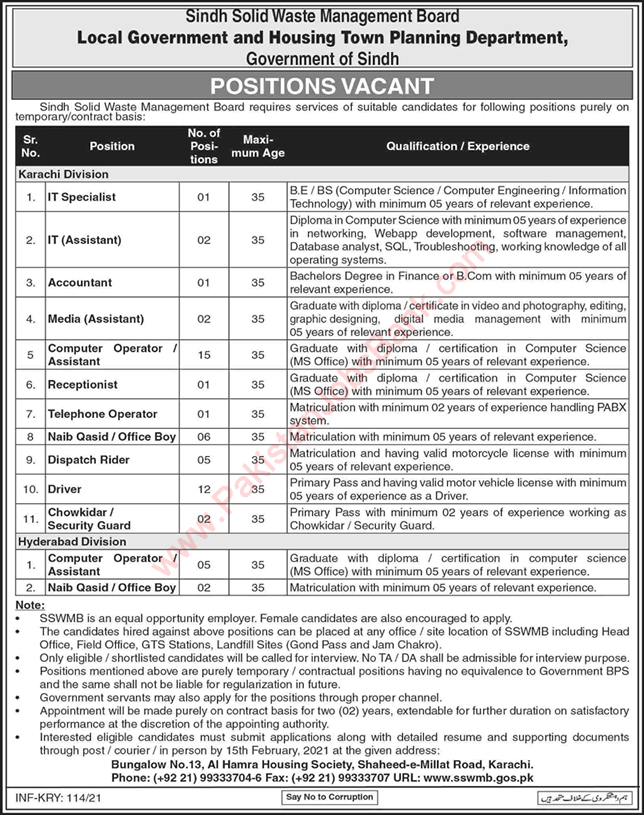 Sindh Solid Waste Management Board Jobs 2021 Computer Operators, Drivers & Others Latest