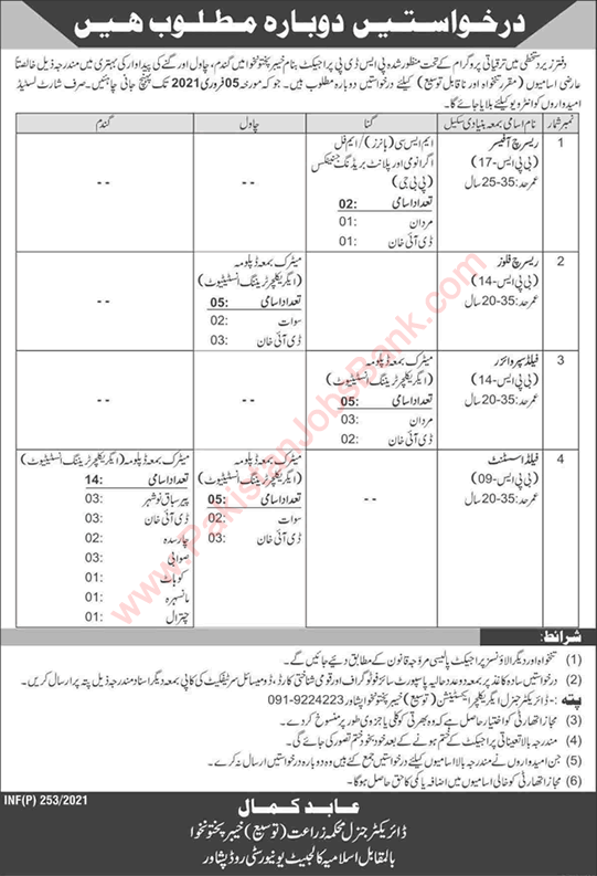 Agriculture Department KPK Jobs 2021 Field Assistants / Supervisors & Others Latest