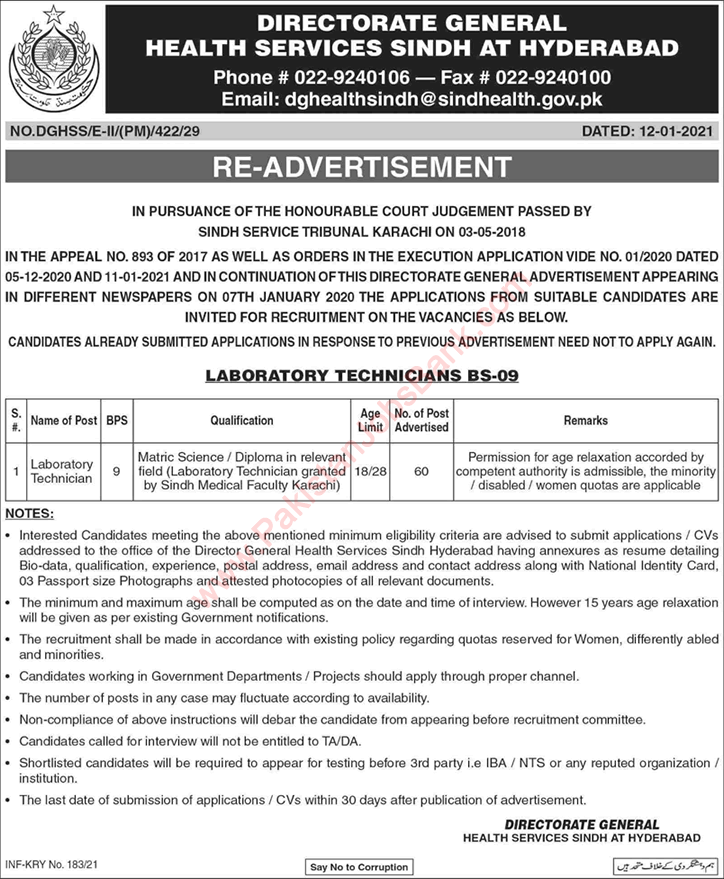 Lab Technician Jobs in Health Department Hyderabad 2021 Sindh Latest