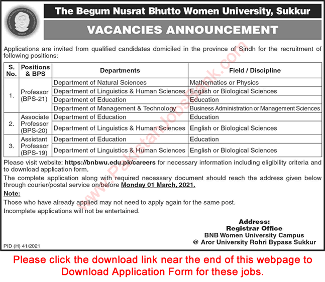 Begum Nusrat Bhutto Women University Sukkur Jobs 2021 February Application Form Teaching Faculty Latest