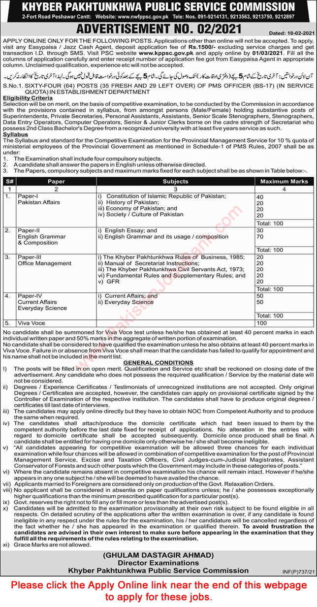 PMS Officer Jobs in Establishment Department KPK 2021 February KPPSC Apply Online through Competitive Examination Latest