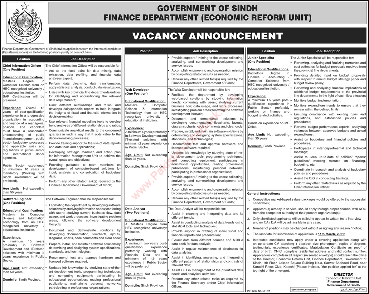 Finance Department Sindh Jobs 2021 February Software Engineer, Web Developer & Others Latest