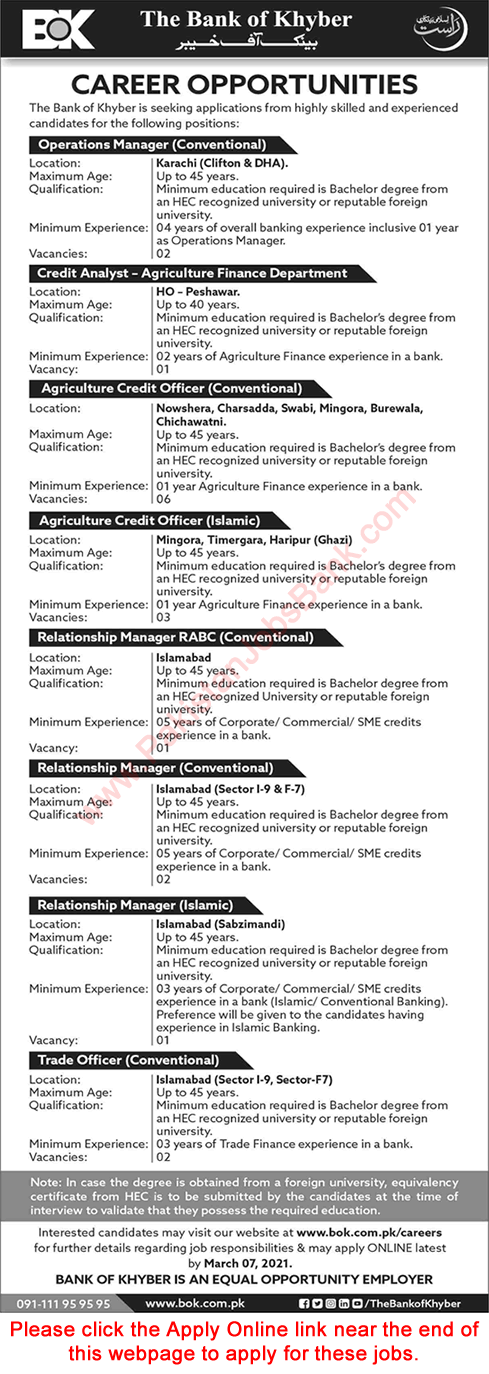 Bank of Khyber Jobs February 2021 BOK Apply Online Agriculture Credit Officers & Others Latest