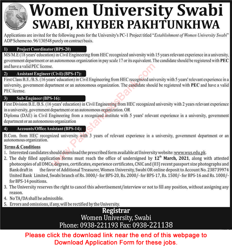 Women University Swabi Jobs 2021 February Application Form Accounts / Office Assistant & Others Latest