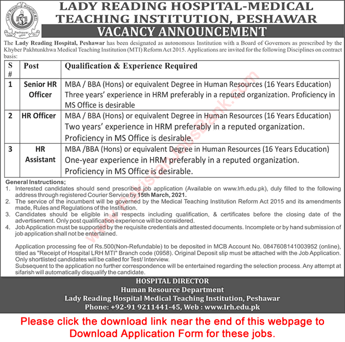 HR Officer / Assistant Jobs in Lady Reading Hospital Peshawar 2021 February / March MTI Application Form Latest