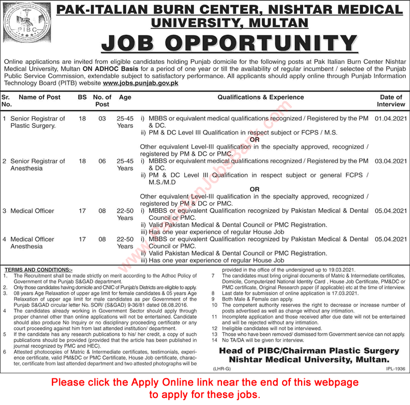 Nishtar Medical University and Hospital Multan Jobs 2021 March Apply Online Pak Italian Burn Center Latest