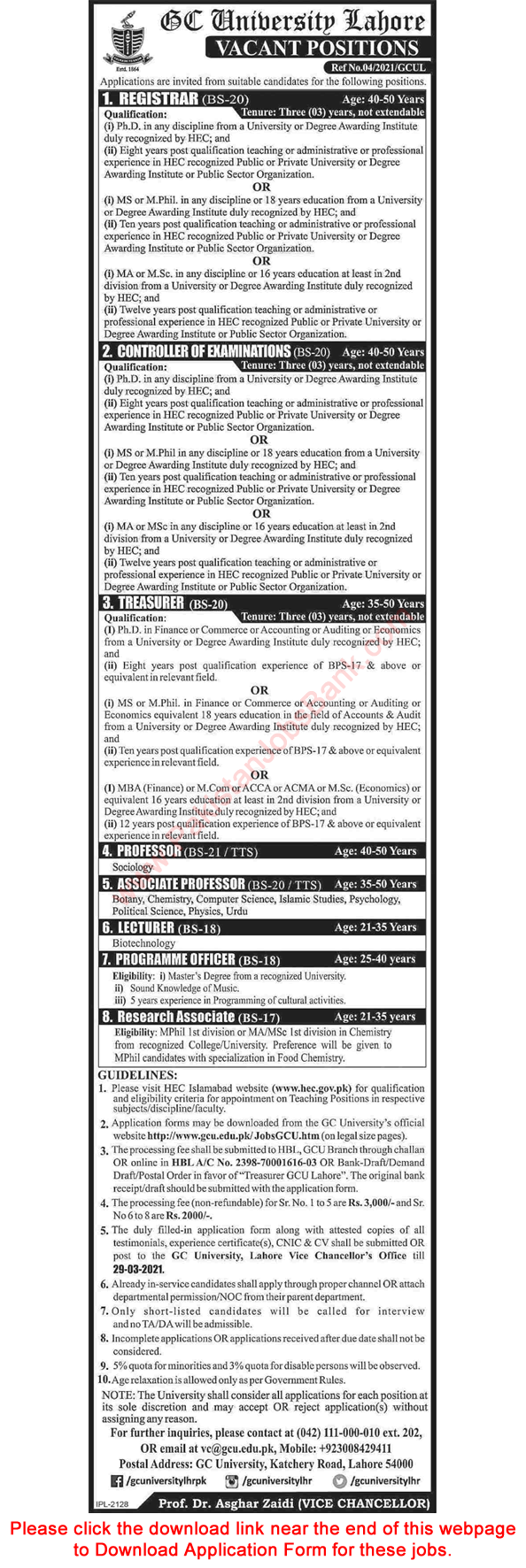 GC University Lahore Jobs March 2021 Application Form Teaching Faculty & Others Latest