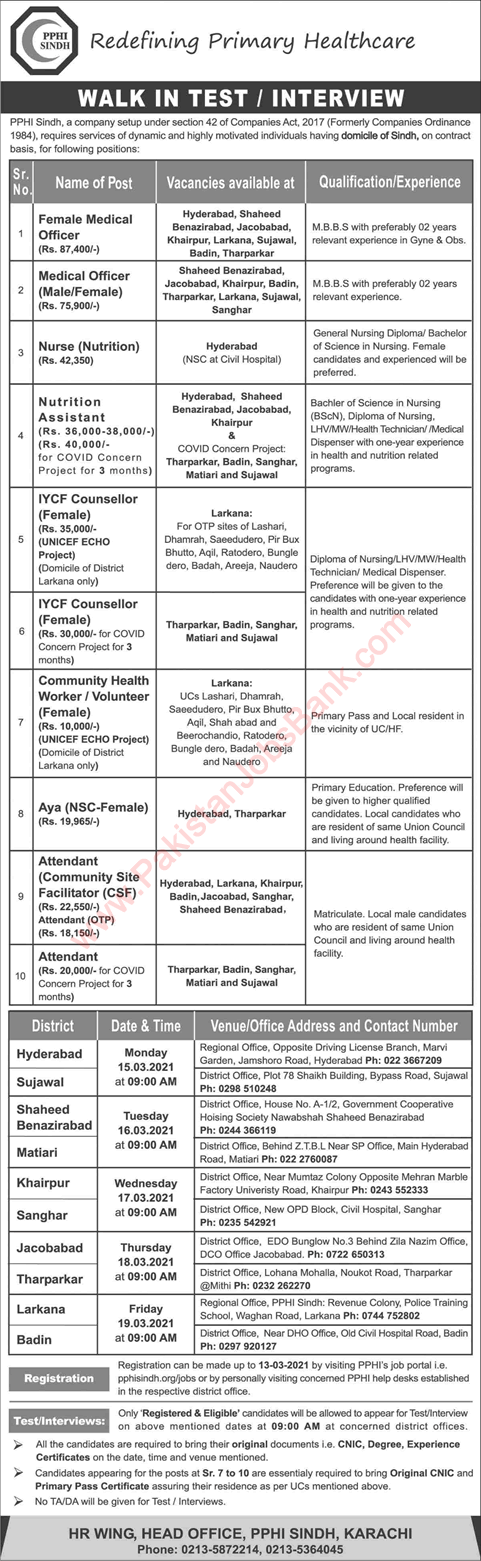 PPHI Sindh Jobs 2021 March Walk In Test / Interview People's Primary Healthcare Initiative Latest
