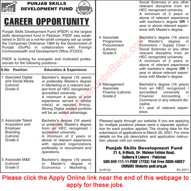 PSDF Lahore Jobs March 2021 Apply Online Punjab Skills Development Fund Latest